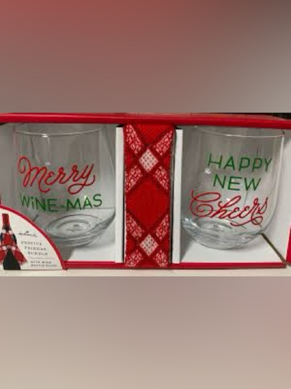 Hallmark Wine Glasses & Bottle Scarf Christmas Hostess Gift NIB Festive 17.5 Oz